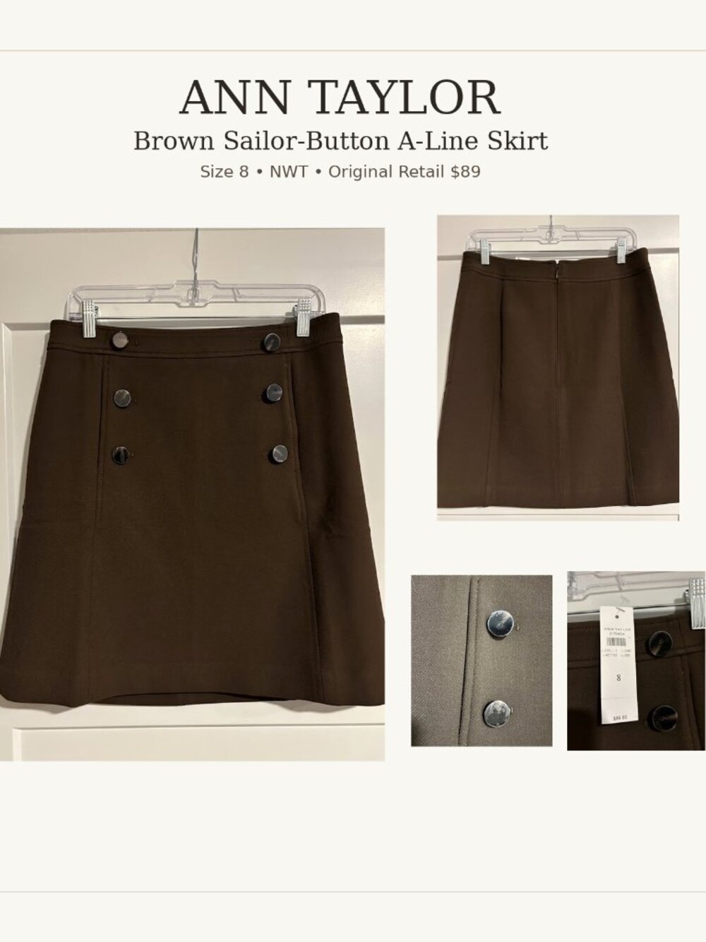 NWT Ann Taylor Brown Sailor Placket A-Line Skirt Size 8 Button Detail